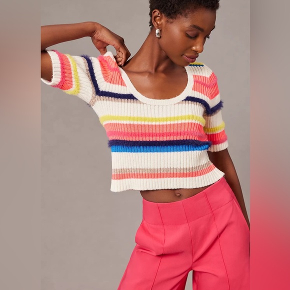 Maeve Sweaters - Anthropologie Maeve Short-Sleeve Multi-Stripe Eyelash Sweater Women’s Medium
